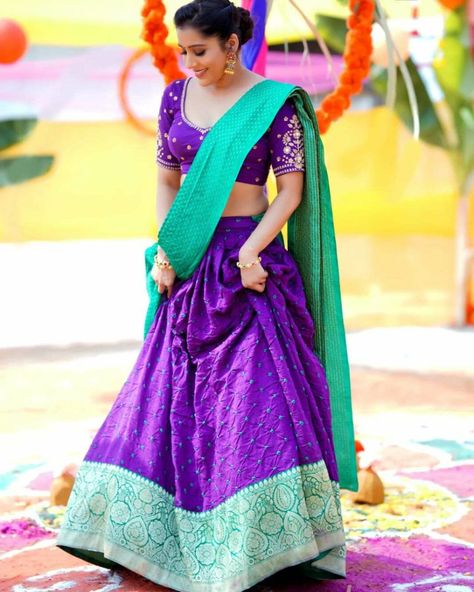 Rashmi Gautam in a violet lehenga set by Varahi couture for sankranthi22 Violet Lehenga, Bandhani Lehenga, Rashmi Gautam, Sheer Black Shirt, Latest Designer Sarees, Lehenga Style, Ethnic Looks, Best Online Casino, Money Fast