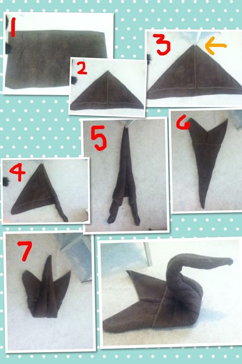 Create a cute swan out of a bath towel using these 8 steps!  *number 3 is pointing to a chair leg to hold the towel in place to make rolling tightly easier. Towel Folding Techniques, Towel Swan Tutorial, Make Bed Like Hotel, Towel Sculpture, Folding Washcloths, Paper Sculpture Techniques, How To Roll Bath Towels, Towel Swan, Towel Folding Ideas