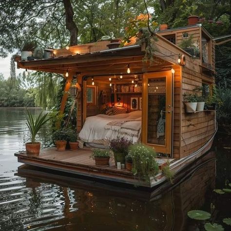 kinfolklore Boat House Aesthetic, Small House Boat, Boat House Interior, Houseboat Living, House Boats, Tiny House Floor Plans, Boat House, Modern Tiny House, Floating House