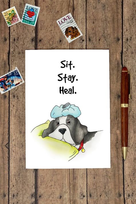 Personalize this funny get well card with your own message printed inside! Great card for the ailing dog lover in your life. Hand drawn and printed on heavy weight card stock. Both card and envelope are eco-friendly recycled paper. Visit my Etsy shop for more great cards! Funny Get Well Cards, Funny Get Well, Hand Painted Card, Diy Watercolor Painting, Animal Crackers, Card And Envelope, Paint Cards, Funny Greeting Cards, Dog Cards