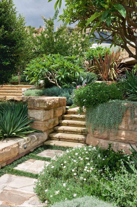 33 Best Garden Design Ideas - For more #garden design ideas Small Front Gardens, Small Front Yard Landscaping, Stone Steps, Front Garden Design, Tiered Garden, Garden Steps, Coastal Gardens, Mediterranean Garden, Garden Photography