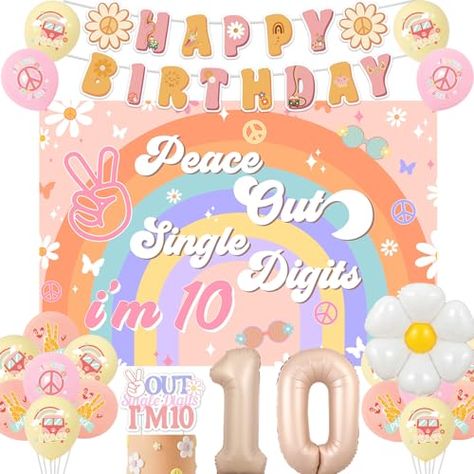 Birthday Theme For 10 Year Girl, 10th Birthday Ideas Girl, 10th Birthday Girl Themes Ideas, 10 Birthday Photo Shoot Ideas, Happy 10th Birthday Girl, Peace Out Single Digits Party, Boho Happy Birthday, Peace Out Single Digits, 10th Birthday Girl