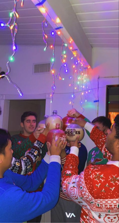 ugly christmas sweaters of all colors and the large sized buzzballs Trashy Christmas Party, Christmas College Party, College Christmas Party, Christmas Tacky, Ugly Christmas Sweater Party Ideas, Christmas Party Fun, College Party Aesthetic, Christmas Ugly Sweater Party, Hosting Christmas Party