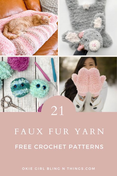 Don't know what to crochet with faux fur? Then this round up is just for you! It's filled with over 20 FREE crochet patterns that are made with faux fur! From faux fur amigurumi crochet patterns to wearable patterns, this round up has a little bit of everything. Fun Fur Yarn Projects Crochet, Crochet Projects With Fuzzy Yarn, Crochet Fur Yarn Projects, Faux Fur Yarn Crochet Projects, Fuzzy Yarn Crochet Projects Free, Faux Fur Crochet Amigurumi, Fuzzy Yarn Crochet Patterns, Go For Faux Yarn Crochet Patterns, Crochet Faux Fur Patterns