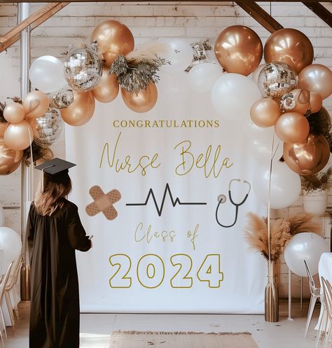 Nurse Graduation Backdrop Class of 2024, Custom Personalized Backdrop, ANY SCHOOL COLOR, Printed Backdrop, Grad Party Decor, Photo prop, grad200  Matching items: https://www.etsy.com/shop/themommybarn?ref=seller-platform-mcnav&search_query=Grad200 Personalized Graduation Tapestry - Polyester Fabric - High Quality How it works: 1. Select the size from the drop-down menu:  Small: 26x36 Medium: 51x60 Large: 68x80 Extra Large: 88x104  Turnaround Time: 5-7  business days + 3-5 days for shipping Detai Graduation Party Ideas For Nurses, Nurse Graduation Party Backdrop, Nurses Graduation Party Ideas, Nurse Graduation Backdrop, Graduation Nurse Party Ideas, Nursing School Grad Party Ideas, Nursing Graduation Decorations, Nurse Grad Party Ideas, Graduation Party Ideas Nursing