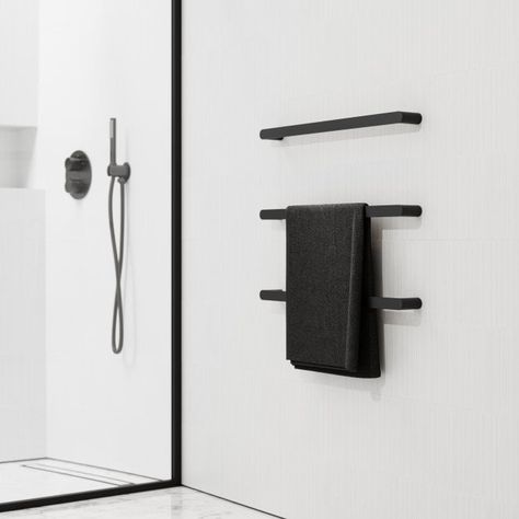 Black Towel Rail, Black Towel Bar, Dream Building, Modern Contemporary Bathroom, Bar Rail, Modern Towels, Bathroom Radiators, Matte Black Bathroom, Black Bathroom Accessories