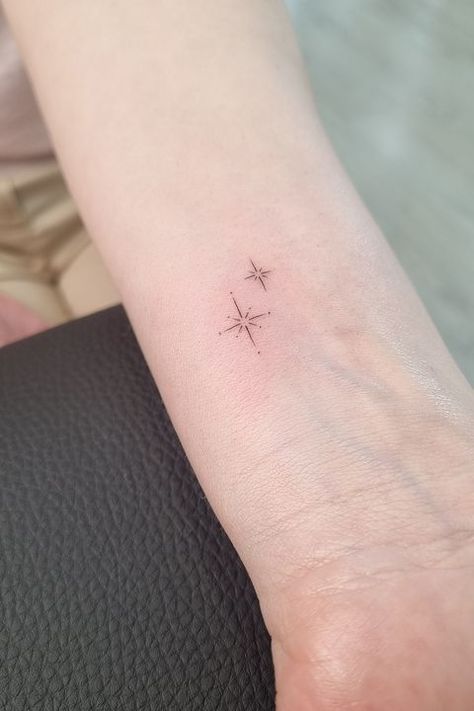 Mini Sparkle Tattoo, Simple Sparkle Tattoo, Tiny Sparkle Tattoo, Ray And Evangeline Tattoo, Small Sparkle Tattoo, Tattoo Sparkle, Simple Minimalist Tattoos, Two Stars Tattoo, Second Star To The Right Tattoo