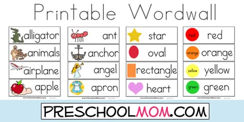 Free Preschool Printables at Preschool Mom Preschool Word Walls, Numbers Preschool Printables, Alphabet Word Wall, Printables Preschool, Word Wall Letters, Preschool Mom, Prek Classroom, Alphabet Words, Free Preschool Printables