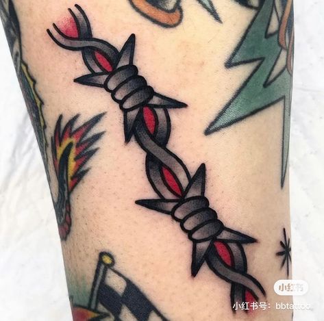 Traditional Tattoo On Shoulder, Traditional Tattoo Gap Fillers, School Tattoo Ideas, Trad Sleeve, Traditional Tattoo Filler, Small Traditional Tattoo, Barbed Wire Tattoo, Tattoo Embroidery, Wire Tattoo