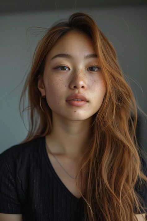 Copper Hair Color Brown Eyes, Copper Brown Asian Hair, Auburn Hair Dark Eyebrows, Copper Brown Hair On Brown Skin, Autumn 2024 Hair Colour, Copper Brown Hair Asian, Red Hair On Asian Women, Copper Hair On Asian, Hair Color Ideas For Asian Skin Tone