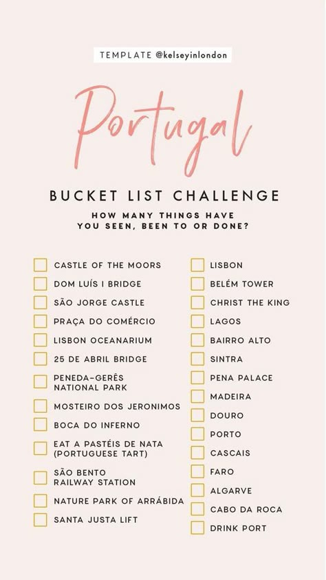 Portugal Bucket List Challenge Portugal Bucket List, Bucket List Quotes, List Challenges, Holiday Travel Destinations, Travel Destinations Bucket Lists, Travel Wishlist, Voyage Europe, Story Templates, Travel Checklist