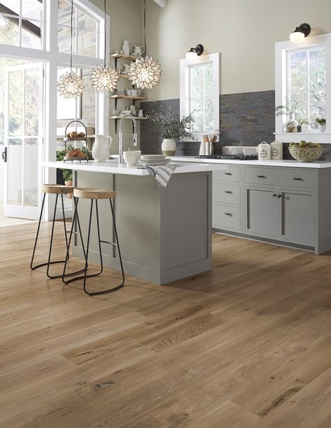 Hardwood Plank Flooring, Wood Flooring Options, Hardwood Floor Colors, Wood Floor Kitchen, Light Hardwood, Light Hardwood Floors, Wood Floors Wide Plank, Gray Cabinets, Light Wood Floors