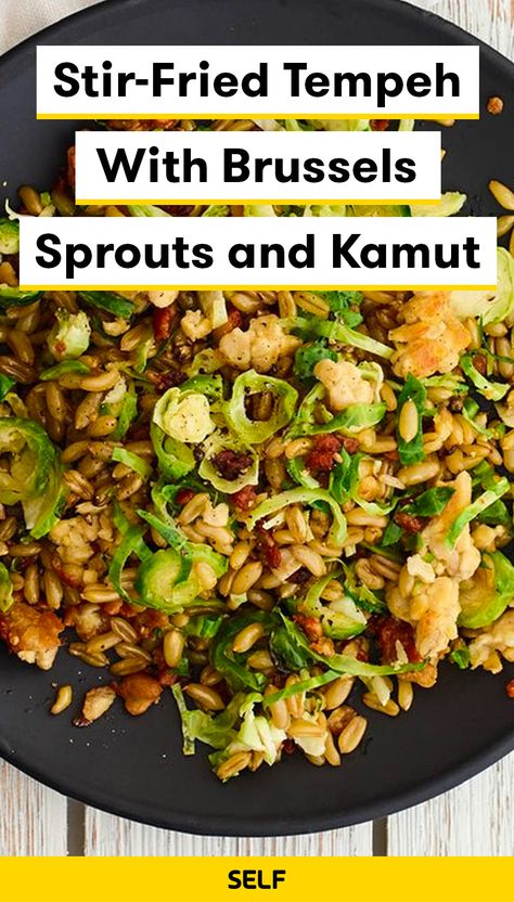 This one-pan stir-fried tempeh with brussels sprouts and kamut is great for a quick, homemade weeknight dinner. If you don’t have kamut, this meatless stir-fry is great over rice, quinoa, farro, or pretty much any whole grain. Here, you can find the full recipe for this one-pan vegetarian dish. Kamut Recipes, Fried Tempeh, Tempeh Stir Fry, Vegetarian Dish, Gratin Dish, Vegan Living, Fried Vegetables, Healthy Comfort Food, Healthy Salad