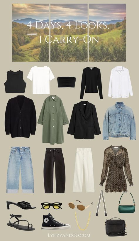 Pack Minimally: 4 Days, 6 Looks, 1 Carry-On - by Lynzy 4 Day Packing List Winter, West Coast Road Trip Outfit, Pack For 5 Days In A Carry On, Thanksgiving Packing List, 5 Day Packing List Fall, West Coast Outfits, Sydney Trip, Manifest 2024, Relaxed Fashion