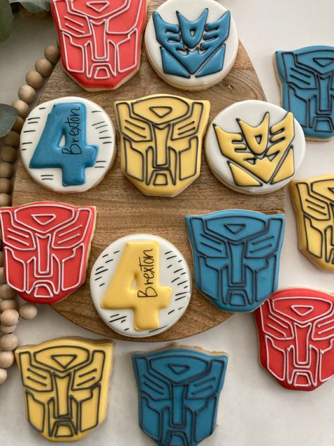 Trans Four Mer Birthday, Transformers Birthday Cupcakes, Transformers Birthday Cookies, Transformer Cookies Decorated, Transformers Birthday Ideas, Transformers 4th Birthday, Trans4mer Birthday, Transformer Cookies, Transformer Birthday Party Ideas