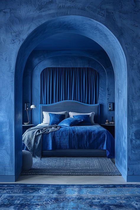 29 Minimal Blue Bedroom Ideas 29 Sparse Decor, Indigo Bedroom, Uncluttered Bedroom, Smurfs Village, Royal Blue Bedrooms, Moon Bedroom, Beautiful Bed Designs, Blue Bedroom Ideas, Monochromatic Room