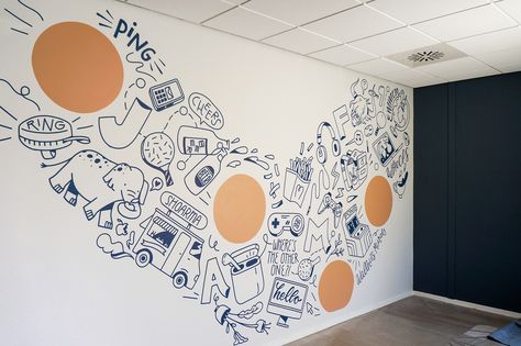 Wallnuts Murals - Jamf Emmen (via M Moser) Doodle Mural, Ping Pong Room, Office Mural, Tea Cafe, Antique Trunk, Bouncy Balls, Wall Murals Painted, Lunch Room, Mural Design