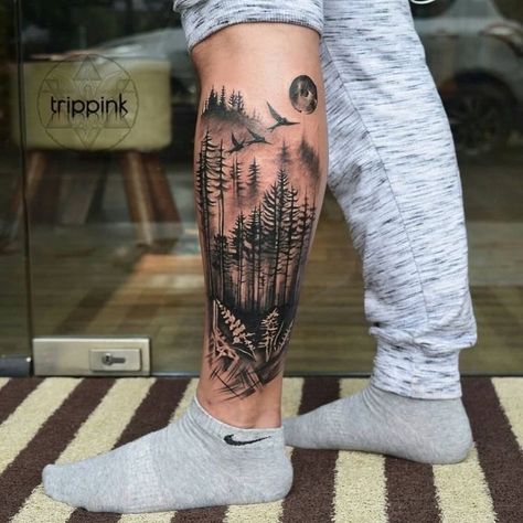 Men Forest Tattoo, Forest Tattoo On Leg, Forest Leg Tattoo, Hunting And Fishing Tattoos, Men’s Tattoo Ideas Leg, Outdoor Tattoo Ideas, Tatoos Forest Arm, Mens Leg Sleeve Tattoo, Lower Leg Tattoos For Men