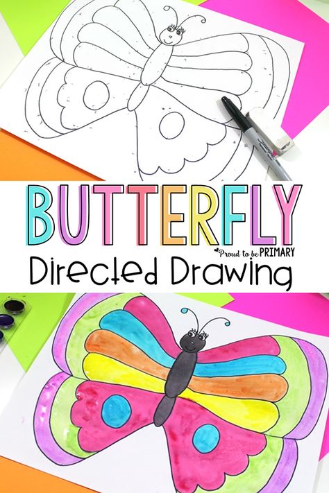 Spring Lessons, First Grade Art, Spring Art Projects, Kindergarten Art Projects, Spring Classroom, Spring Butterfly, Directed Drawing, Art Activity, Kindergarten Art