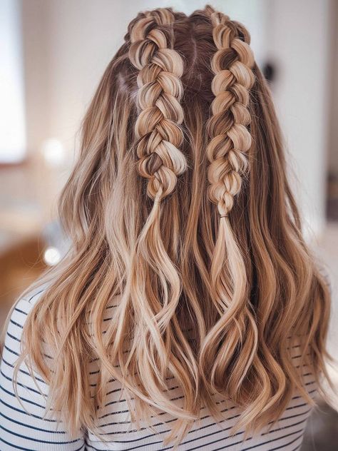 Back view of long, thick wavy hair styled with double Dutch braids and loose waves. Hair Styles For Long Thick Hair, Hairstyles For Thick Wavy Hair, Dutch Braid Styles, Trendy Braids, Double Dutch Braid, Flattering Hairstyles, Thick Wavy Hair, Double Dutch, Bob Hairstyles For Thick