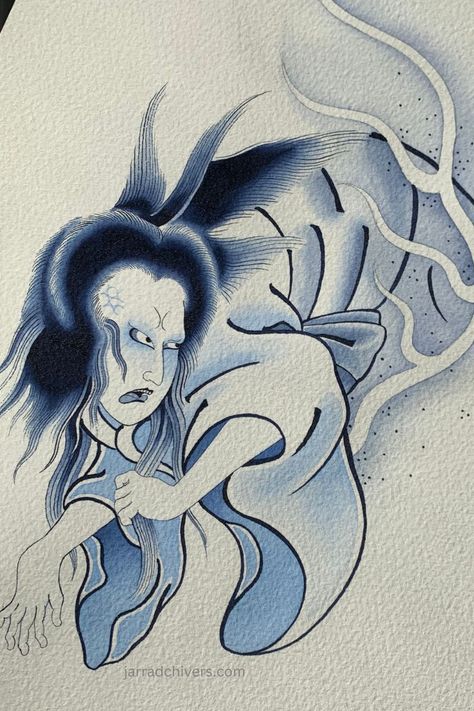 A yurei is the name of these ghosts in Japanese folklore. Usually depicted with long black, desheveled hair and white robes. These spirits are not friendly, and linger to haunt the living who wronged them in life. Yurei Ghost, Japanese Ghost, White Robes, Ghost Tattoo, Japanese Folklore, Woodblock Print, Long Black, Ghost, Dreaming Of You