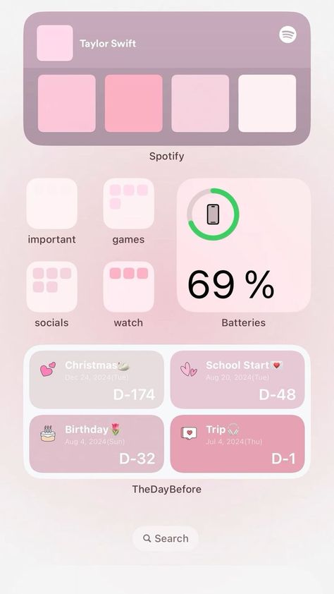 Notes Organization Iphone, Iphone 16 Layout Ideas, Light Pink Homescreen Layout, Andriod Layout Aesthetic, Phone Set Up Ideas, Phone Layout Ideas Pink, Simple Home Screen Layout, Pink Ipad Theme, Home Screen Layout Iphone Pink