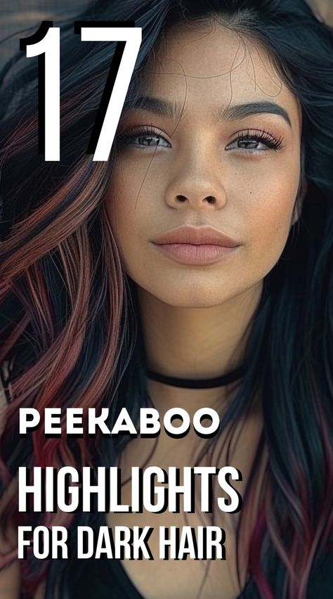 17 Peekaboo Highlights for Dark Hair Ideas Peekaboo Highlights For Dark Hair, Blue Peekaboo Highlights, Purple Peekaboo Highlights, Dark Hair Ideas, Purple Peekaboo Hair, Highlights For Dark Hair, Under Hair Dye, Under Hair Color, Hair Dye Techniques