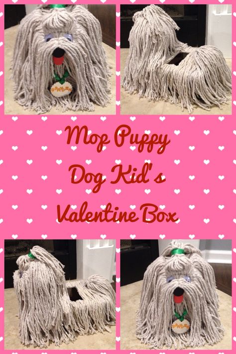 Shih Tzu Puppy Dog Kid's Valentine's Day box made out of Dollar store mops! Mop Dog Valentine Boxes, Shaggy Dog Valentines Boxes, Dog Valentines Day Box Ideas, Valentines Box Dog, Dog Valentines Box Ideas, Puppy Valentines Boxes, Unique Valentines Box Ideas Creative, Preschool Valentines Activities, Girls Valentines Boxes