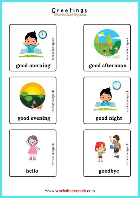 ESL free English vocabulary learning cards for kids. Learn English Preschool, Greetings Kindergarten, Learn English Vocabulary Words Pictures, Greetings Activities For Kids, Vocabulary For Kids English, Greetings Worksheets For Kindergarten, Morning Greetings For Classroom Free, Greeting Activities, Greeting Worksheet