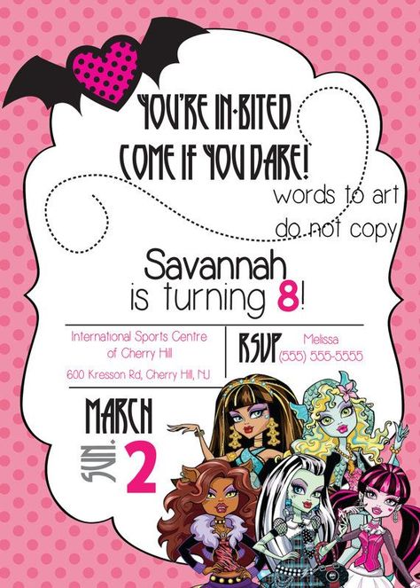 CUSTOM Monster High Birthday Party Invitations Made by WordsToArt, $11.25: Monster High Invitations, Monster High Birthday Party, Custom Monster High, Retirement Invitation Template, Birthday Presents For Men, Monster High Party, Free Business Card Templates, Birthday Card Template, Monster Birthday