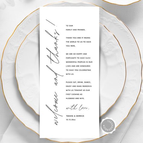 This is the Modern editable card, in minimalist script design, black and white theme, Place Setting Thank You Cards (welcome and thanks). Share the love and show your appreciation to your guests, when they sit down at their seat and read this personalised charming thank you place setting card. It's a wonderful way to kick off your special day celebration! Place Setting Cards, Dinner Places, Script Design, Design Black And White, Thank You Card Design, Wedding Plates, Wedding Place Settings, Black And White Theme, Wedding Place