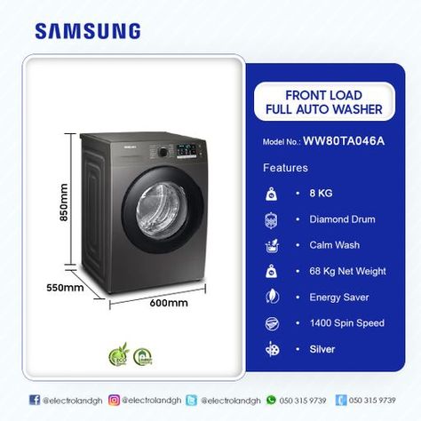 SAMSUNG 8KG FRONT LOAD FULL AUTO WASHER WASHING MACHINE '05774 GHS 9,794.00 How to order 1. For Cash on Delivery in selected locations, send me your Name, Phone Number and Location 2. Or if you want to make payment now, use my payment link below: https://myduke.co/eda4d039-ced8-4048-91fc-2d6591892668 Washing Machine Dimensions, Samsung Washing Machine, Samsung Washer, Top Load Washing Machine, Energy Saver, Cash On Delivery, Washer And Dryer, Phone Numbers, Your Name