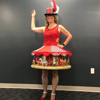 How to Make a Carousel Costume: 11 Steps (with Pictures) Carnival Characters Costumes, Amusement Park Halloween Costumes, Carnival Customs Ideas, Carousel Costume Diy, Circus Theme Costume, Circus Animal Costume Diy, Themed Carnival Cosplay Costumes, Carousel Costume, Carousel Skirt