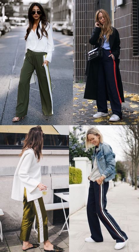 Sports Luxe Outfit, Track Pants Business Casual, Track Pants Work Outfit, Sports Luxe Street Style, Striped Track Pants Outfit, Styling Track Pants Women, Side Stripe Pants Outfit, Track Pants Outfit Winter, Wide Leg Track Pants Outfit