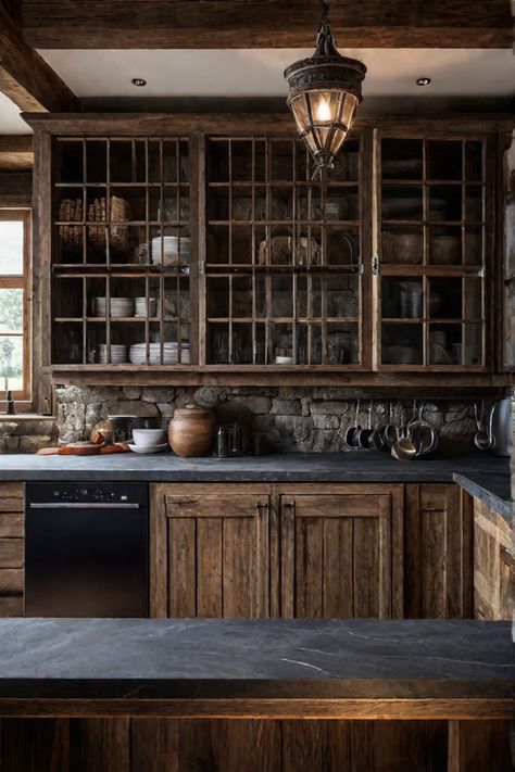 Dark Countertops With Wood Cabinets, Hickory Kitchen Cabinets Black Counter, Wood Cabinets With Black Countertops, Wood Cabinets With Butcher Block Counter, Black Countertops Wood Cabinets, Rustic Wood Kitchen Cabinets, Cabin Kitchen Cabinets, Apothecary Vibes, Northwoods Cabin