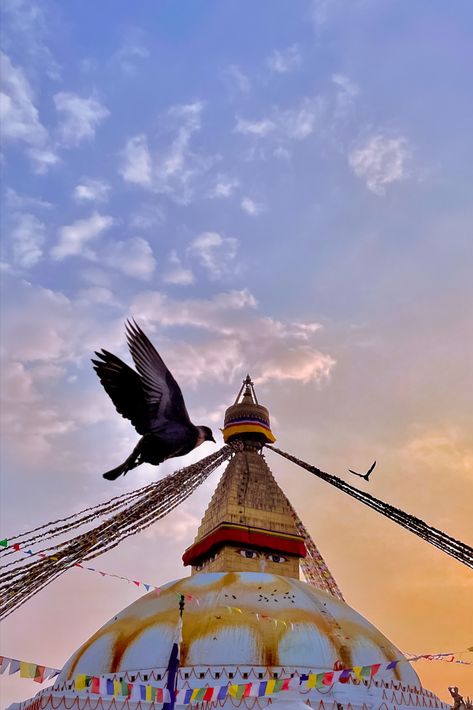 Boudhanath Stupa, a magnificent Buddhist monument in Kathmandu, Nepal. It is one of the largest and ancient stupas in the world and holds great cultural and religious significance. The stupa is adorned with colorful prayer flags and surrounded by shops, monasteries, and cafes. - a must visit attraction in Kathmandu! Boudhanath Stupa, Birds In The Sky, Kathmandu Nepal, Prayer Flags, Light Background Images, Clear Sky, Light Background, Sky Photography, Heritage Site