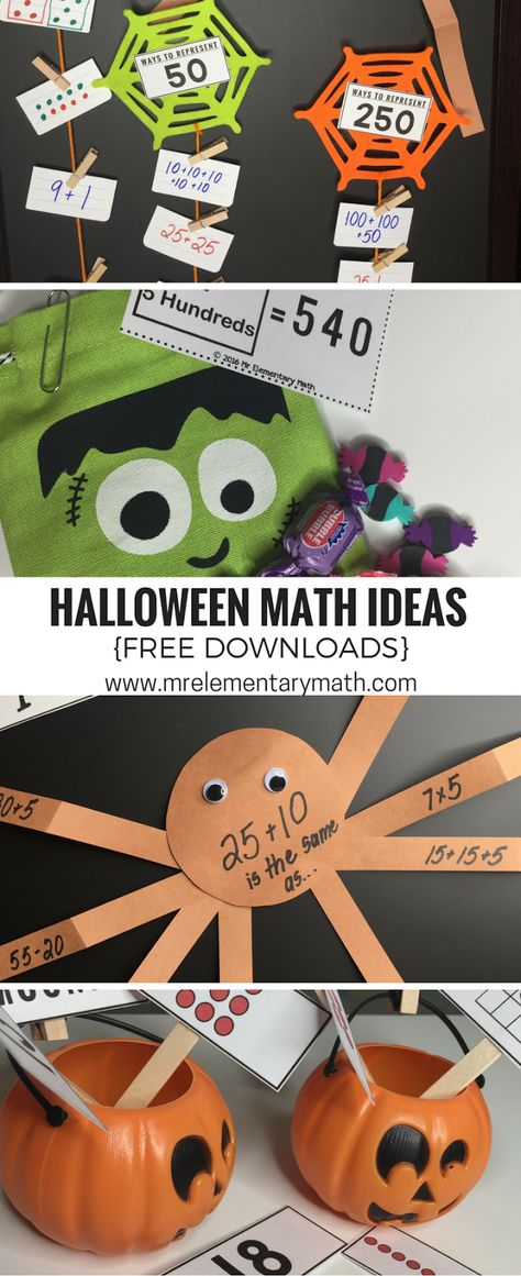 Recreate these 4 easy to make math activities to review addition, number sense and more. Your students will love hands-on activities like Tricky Treats. Fun Halloween Math, Halloween Math Activities, Math Night, Math Activities For Kids, Fall Math, Math Crafts, Halloween Classroom, Halloween Math, Math Workshop