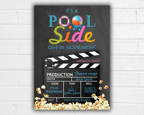 Dive In Movie, Pool Movie, Night Pool Party, Pool Party Birthday Invitations, Movie Night Party, Pool Birthday, Movie Birthday, Popcorn Bar, Pool Party Invitations