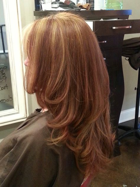 Color is perfect for the wedding! We did an auburn lowlight, highlight, and my natural red for the rest. I love wedding hair! Lots of dimensions for when it's half up and half down. #redhead Light Auburn Hair With Lowlights, 2000s Highlights Hair Brown, Auburn Hair Lowlights, Brown And Red Hair Color, Hair Inspo Color Highlights, Light Red Highlights, Dark Copper Hair With Blonde Highlights, Auburn Hair With Blonde Highlights, Auburn Hair With Highlights