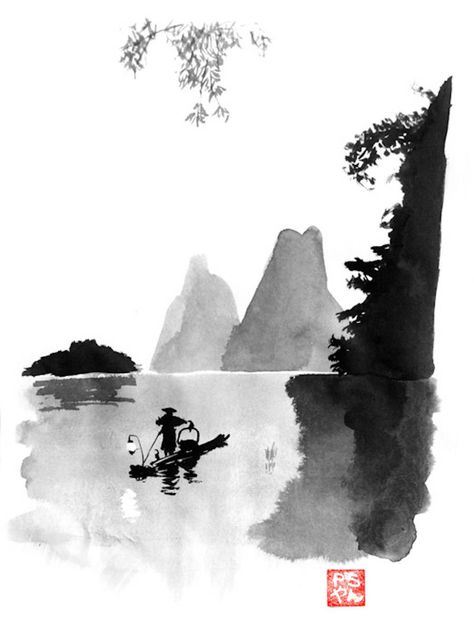 Superb Sumi-e Technique Paintings by Pechane Sumi Ink Drawing, Dragon Japanese Art, Fisherman Boat, Sumie Painting, Dragon Japanese, Chinese Ink Landscape Painting, Ink Wash Painting Chinese, Chinese Bamboo Painting Ink Art, Japanese Ink Painting