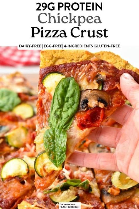 a slice of chickpea pizza crust filled with marinara sauce and vegetable Chickpea Pizza Crust, Chickpea Pizza, Vegan Pizza Dough, 30g Of Protein, Dairy Free Bread, Vegan Feta Cheese, Gluten Free Pizza Crust, Tasty Bread Recipe, Hearty Lunch