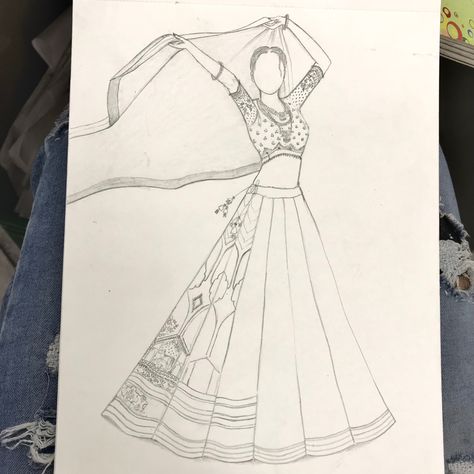 How To Draw Lehenga Sketch, Lehenga Illustration Sketch, Lehenga Sketches, Dress Illustration Design, Dress Illustration Art, Bride Fashion Illustration, Fashion Designing Course, Fashion Illustration Poses, Fashion Illustration Tutorial