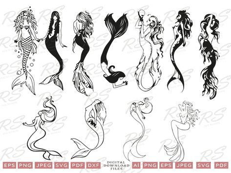 Mermaid Silhouette Tattoo, Gothic Mermaid Tattoo, Mermaid Tattoo Ideas, Mermaid Outline, Mermaid Vector, Rabbit Silhouette, Mermaid Svg, Mermaid Clipart, Party Girlande