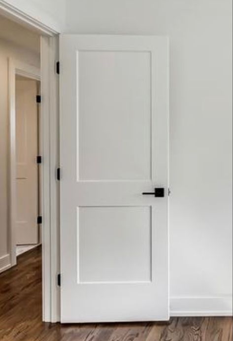 Interior 3 Panel Door, White 2 Panel Door With Black Hardware, 2 Panel Internal Door, Panel Shaker Doors, Modern Shaker Interior Doors, Internal Shaker Doors, Double Door Front Door Ideas, Black Door Hardware On White Doors, Barndominium Interior Doors