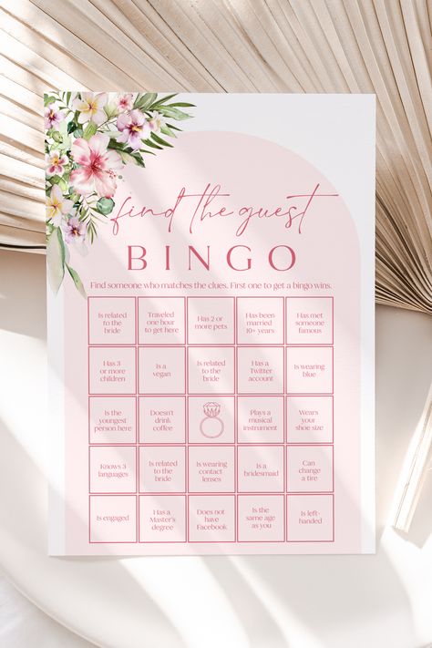 Hawaiian Find the Guest Bingo Bridal Shower Game, Printable Hot Pink Find the Guest Bingo Game Summer Tropical Bachelorette Game Bingo H1 Pink Boho Bridal Shower Ideas, Bridal Shower Games Free Printables, Bingo Bridal Shower Game, Hawaiian Bridal Shower, Luau Bridal Shower, Find The Guest Bingo, Guest Bingo, Bachelorette Game, Game Bingo