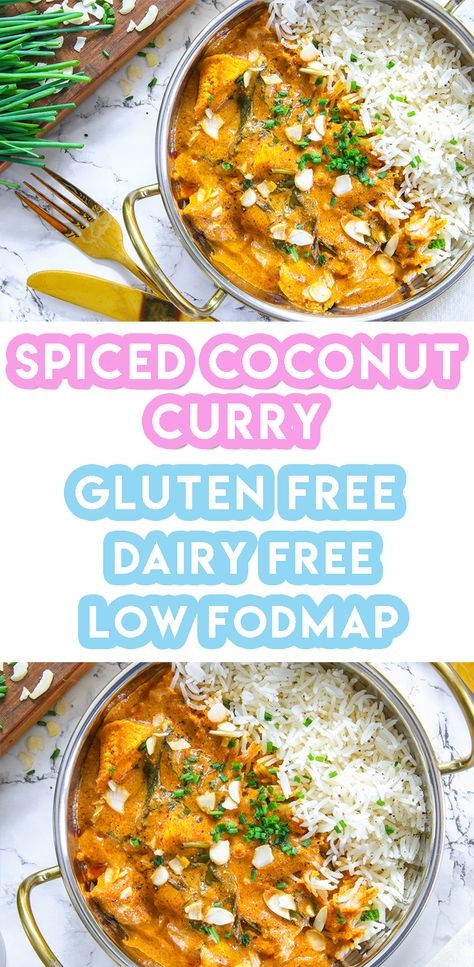 gluten free spiced coconut chicken curry recipe Gluten Free Coconut Chicken, Coconut Chicken Curry Recipe, Fodmap Chicken Recipes, Chicken Coconut Curry, Gluten Free Spices, Fodmap Chicken, Fodmap Recipes Dinner, Low Fodmap Chicken, Low Fodmap Recipes Dinner