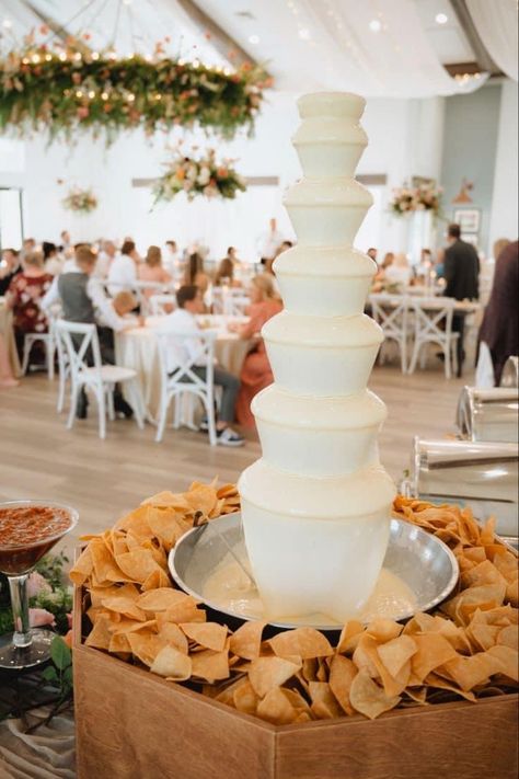 Food Wedding Decor, Outdoor Reception Set Up, Queso Fountain Taco Bar, Wedding Cheese Fountain, Cheese Fountain Wedding, Mexican Food Buffet Wedding, Mexican Food Catering Wedding Reception, Queso Dip Fountain Wedding, Cheese Dip Fountain Wedding