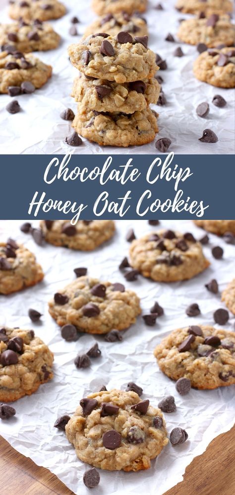 Chewy Honey Cookies, Honey Sweetened Chocolate Chip Cookies, Honey Oat Cookies, Oatmeal Honey Cookies, Honey Deserts, Chocolate Chip Cookies With Honey, Desserts With Honey, Honey Chocolate Chip Cookies, Cookies Made With Honey