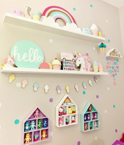 Collection Organization, Girls Rainbow Bedroom, High Shelves, Rainbow Bedroom, Unicorn Room Decor, Unicorn Room, Unicorn Bedroom, Rainbow Ice Cream, House Shelves