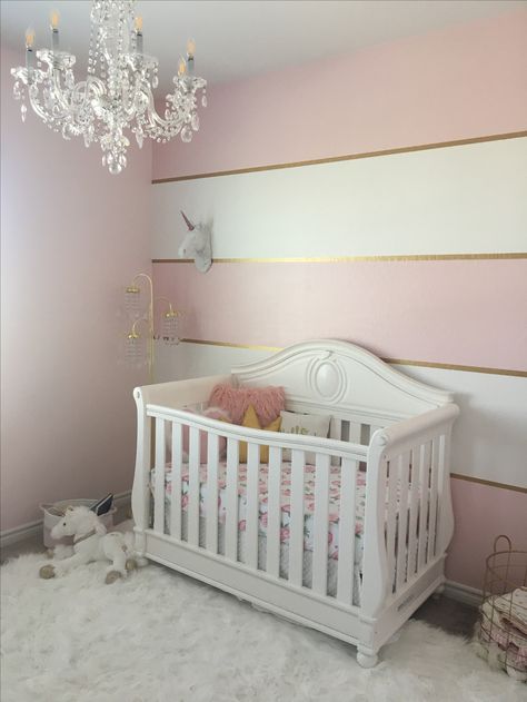 Pink and gold. Striped wall Pink Chandeliers, Babies Nursery, Gold Nursery, Striped Walls, Girl Nursery Room, Girls Rooms, Dekorasi Kamar Tidur, K Fashion